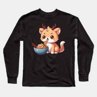 Reindeer kawaii cat eating ramen Long Sleeve T-Shirt